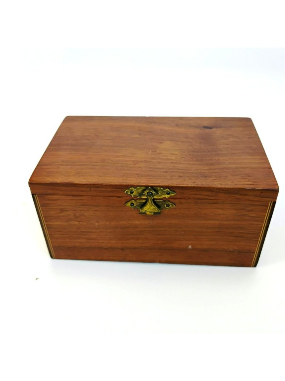 Vintage Wooden Storage Box With Brass Hardware, Inlay Accents, Rustic Decor